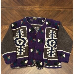 Backcountry Wool Cardigan Sweater Handmade Ecuador Purple Brown Geometric Mens L